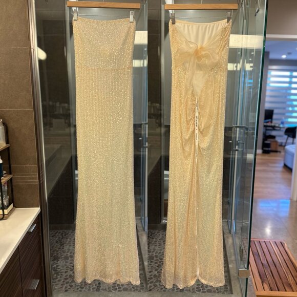 Lucy In The Sky Sequin Strapless Back Bow Maxi Formal Dress (Champagne) - Picture 9 of 16